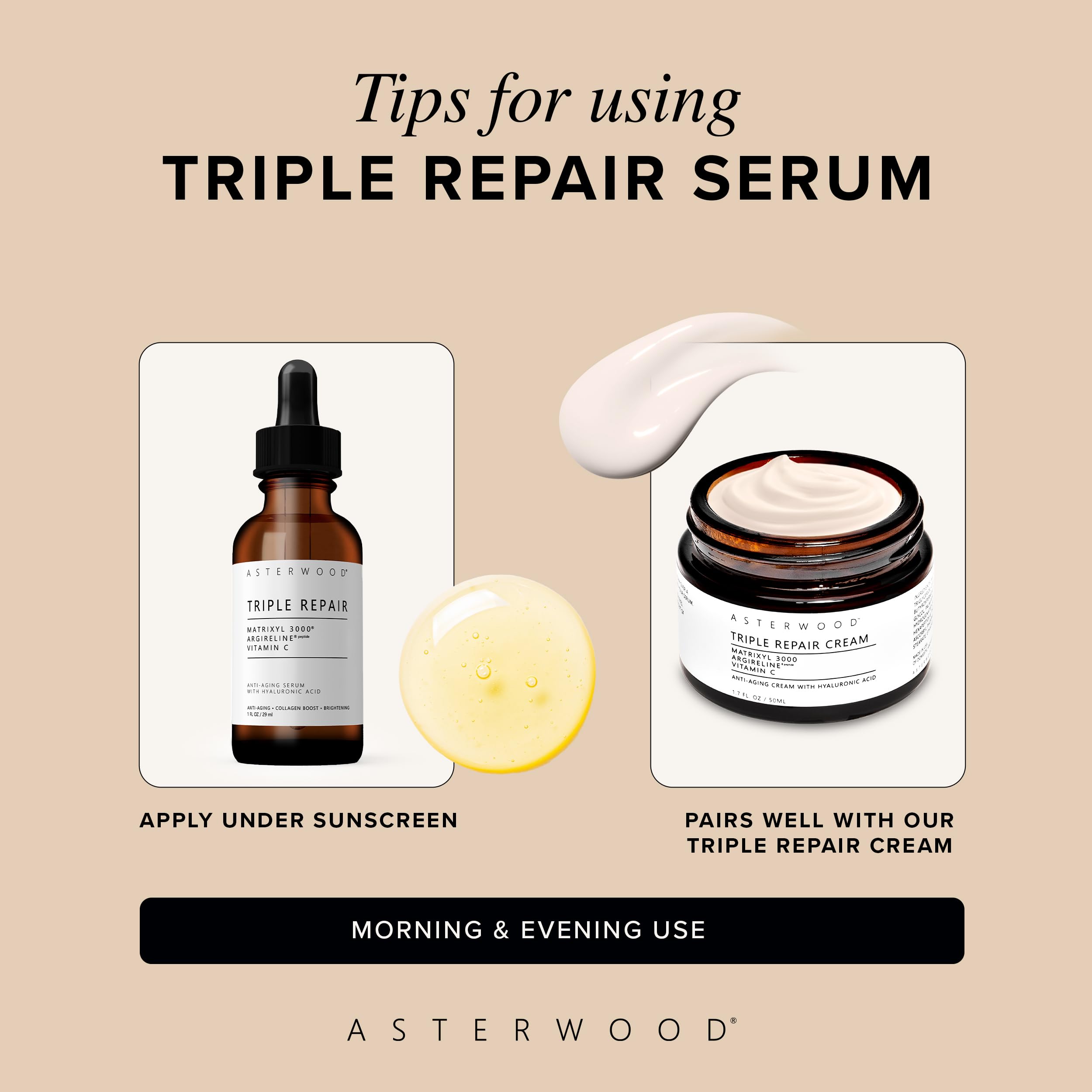 Asterwood Triple Repair Serum | Matrixyl 3000 + Argireline + Vitamin C + Hyaluronic Acid (Fragrance-Free) – 4 Fl Oz
