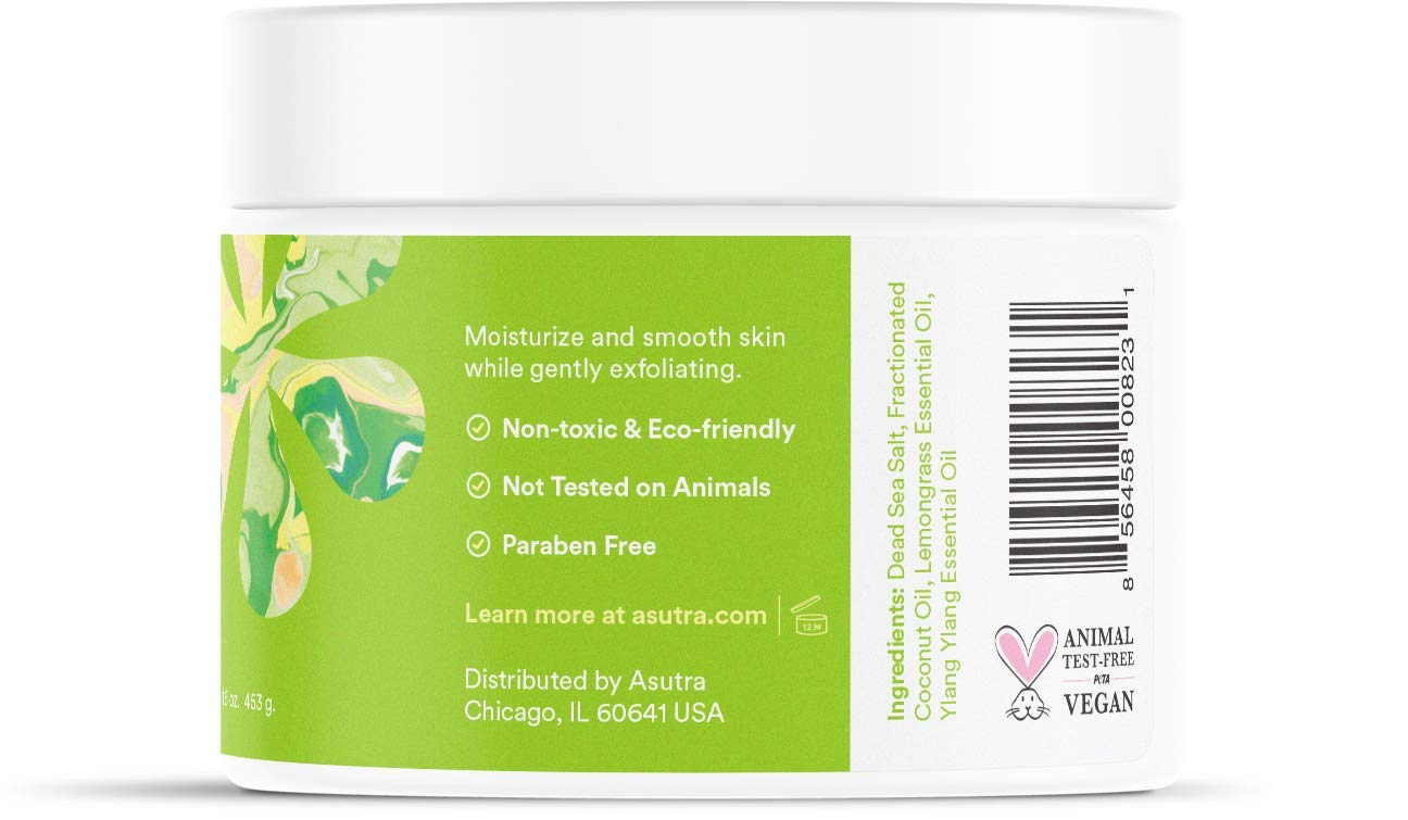 ASUTRA Dead Sea Salt Body Scrub - Lemongrass, Coconut and Ylang Ylang, 16 oz