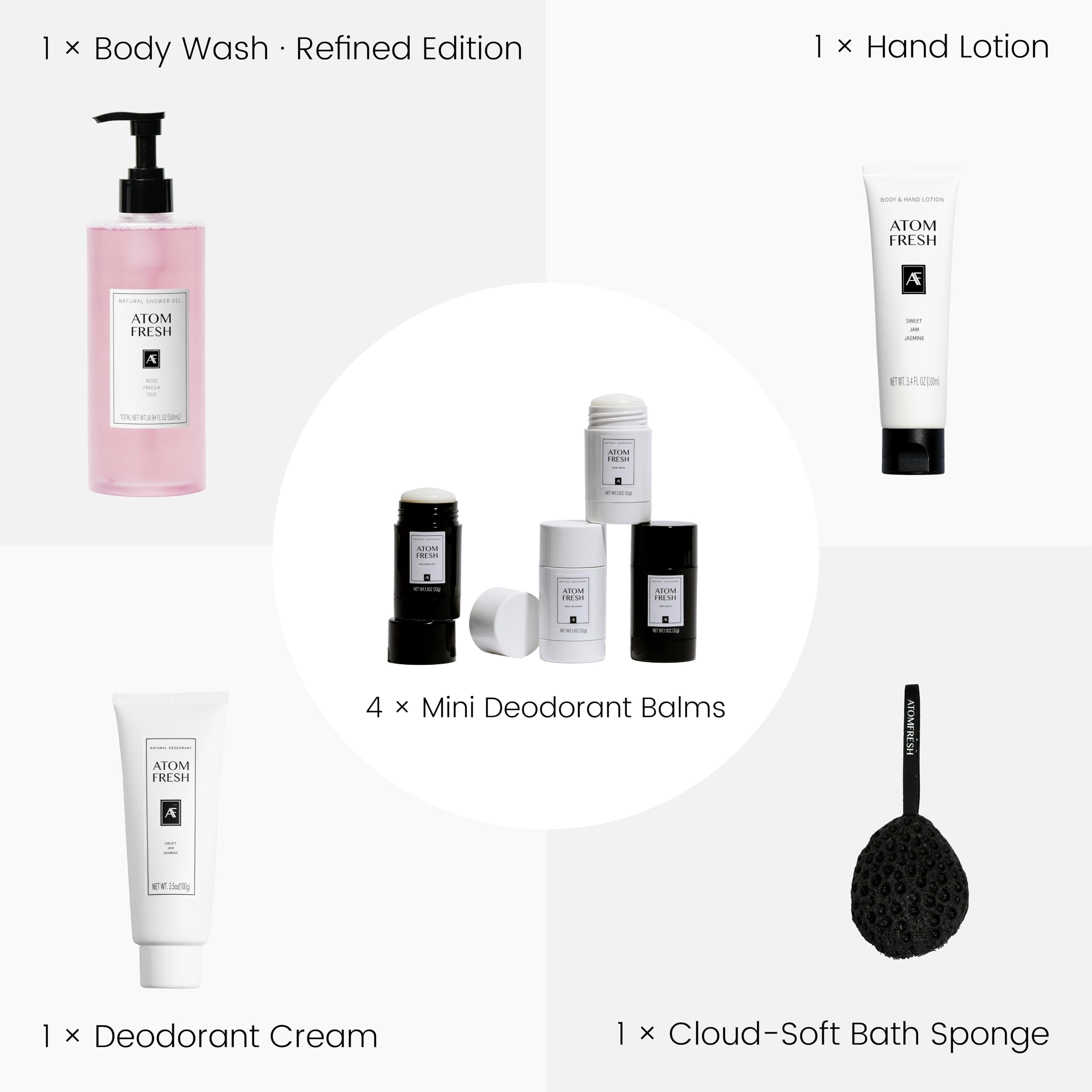 Atom Fresh Laboratory Gift Set for Women – Rose Freesia Oud: Body Wash, Lotion, Deodorant & Hand Cream