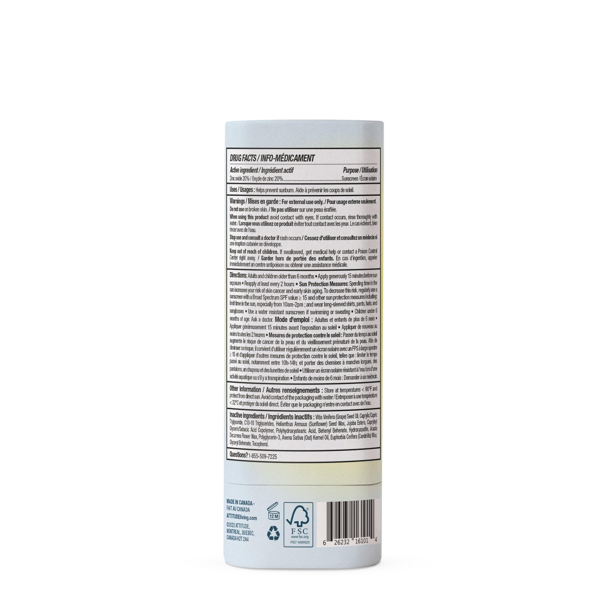 ATTITUDE Mineral Sunscreen Face Stick SPF 30 for Sensitive Skin — EWG Verified, Plastic-Free