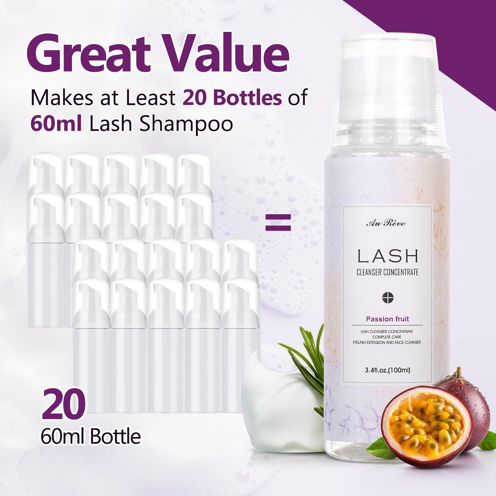 AuReve Lash Shampoo Concentrate 100ml – Oil-Free Eyelash Extension Cleanser for Salon & Home Care