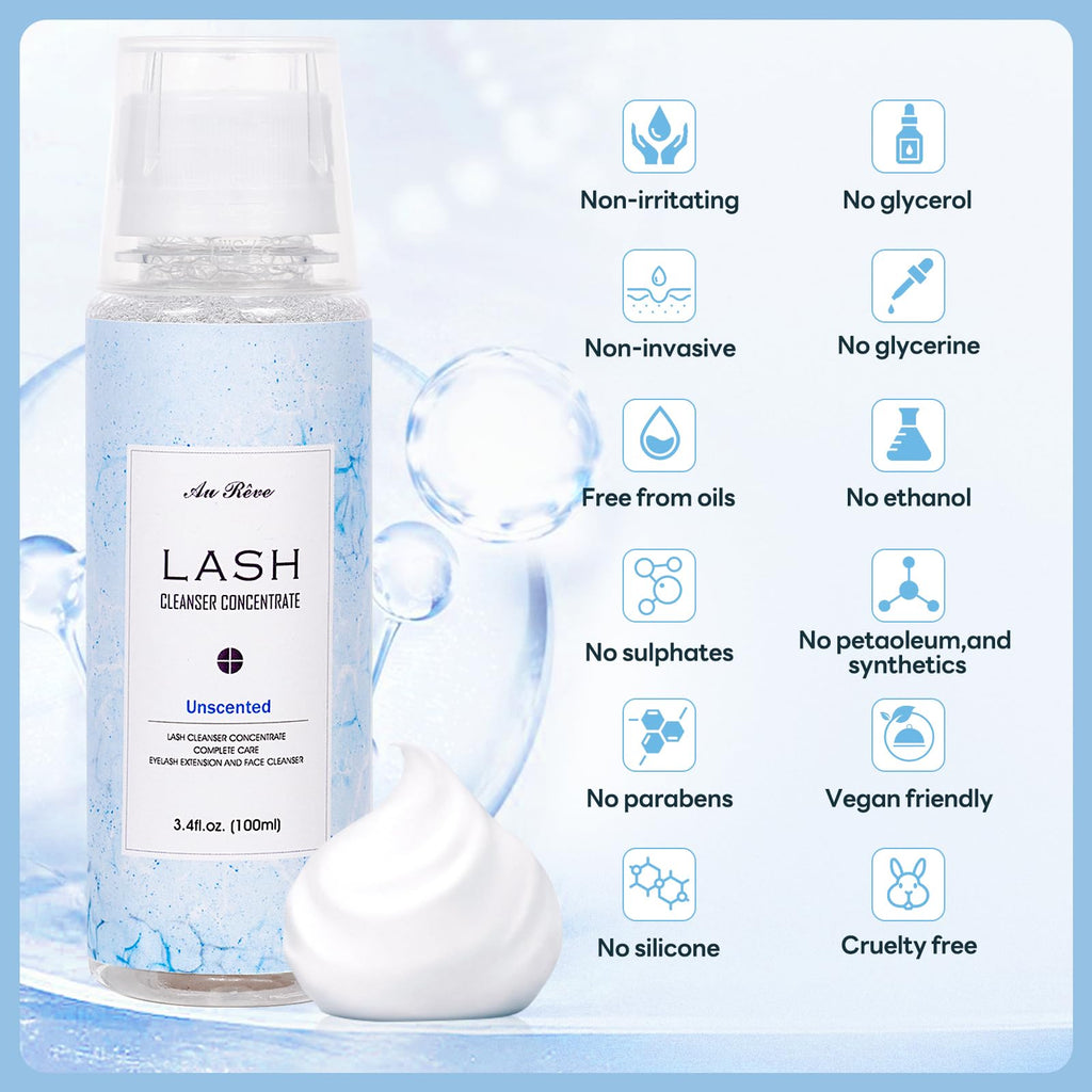 AuReve Lash Shampoo Concentrate 100ml – Oil-Free Eyelash Extension Cleanser (Salon & Home)