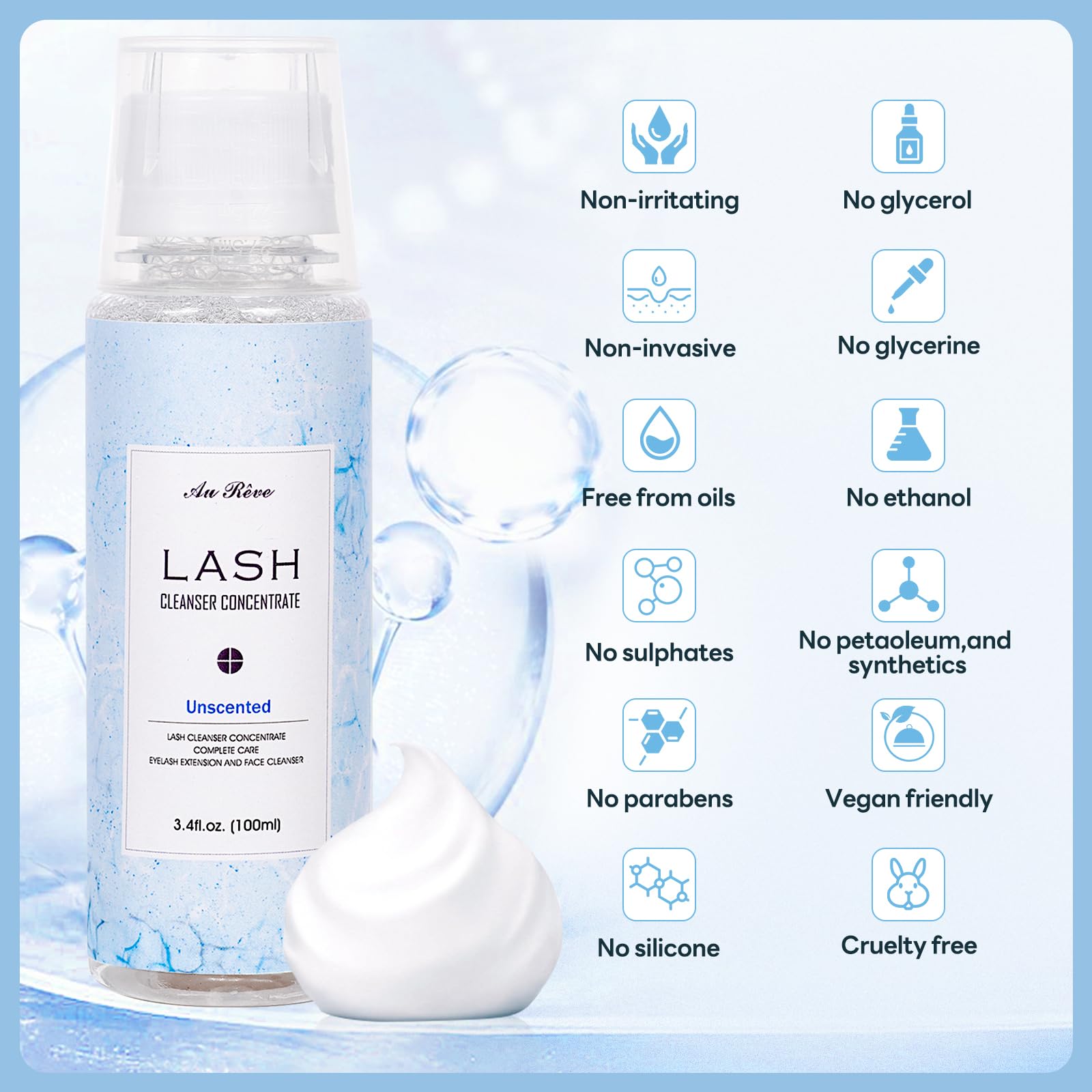 AuReve Lash Shampoo Concentrate 100ml – Oil-Free Eyelash Extension Cleanser (Salon & Home)