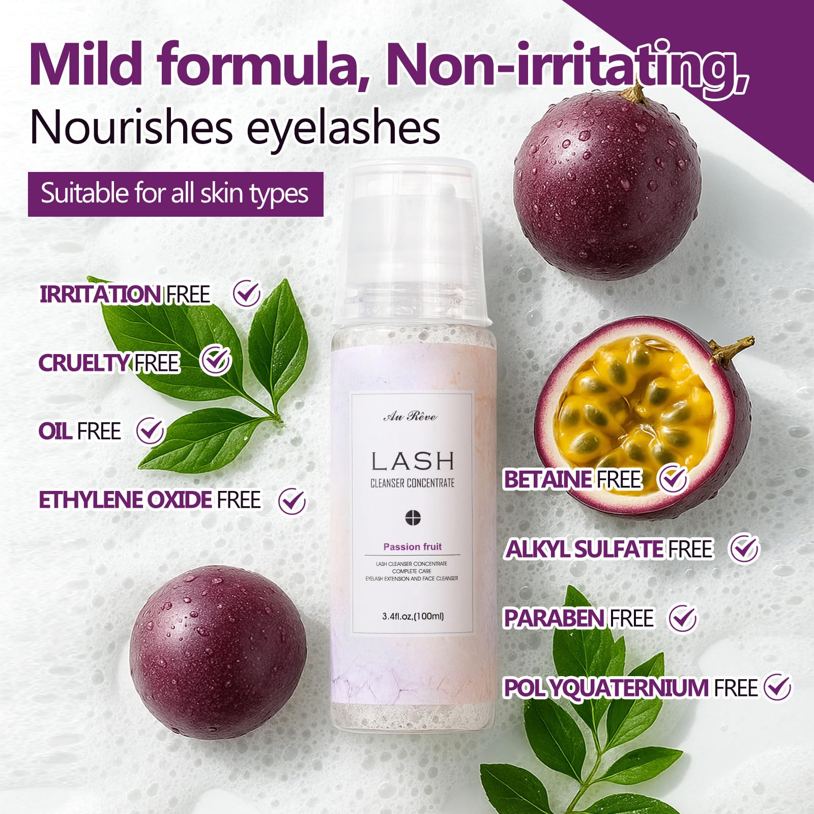 AuReve Lash Shampoo Concentrate 100ml – Oil-Free Eyelash Extension Cleanser for Salon & Home Care