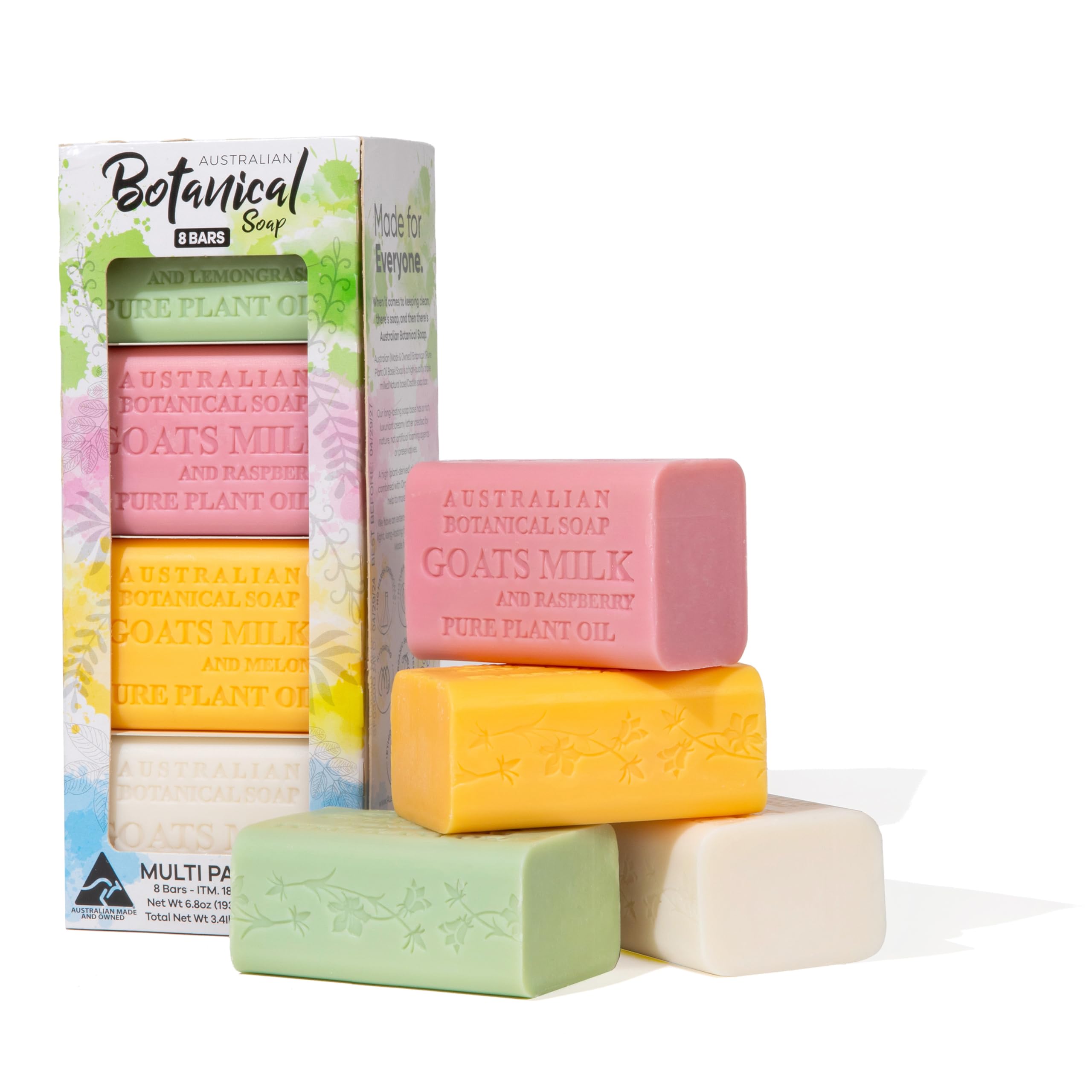 Australian Botanical Milk Soap Bars — 6.8 oz Goat’s Milk, Lemongrass, Melon, Raspberry & Shea Butter (Pack of 8)