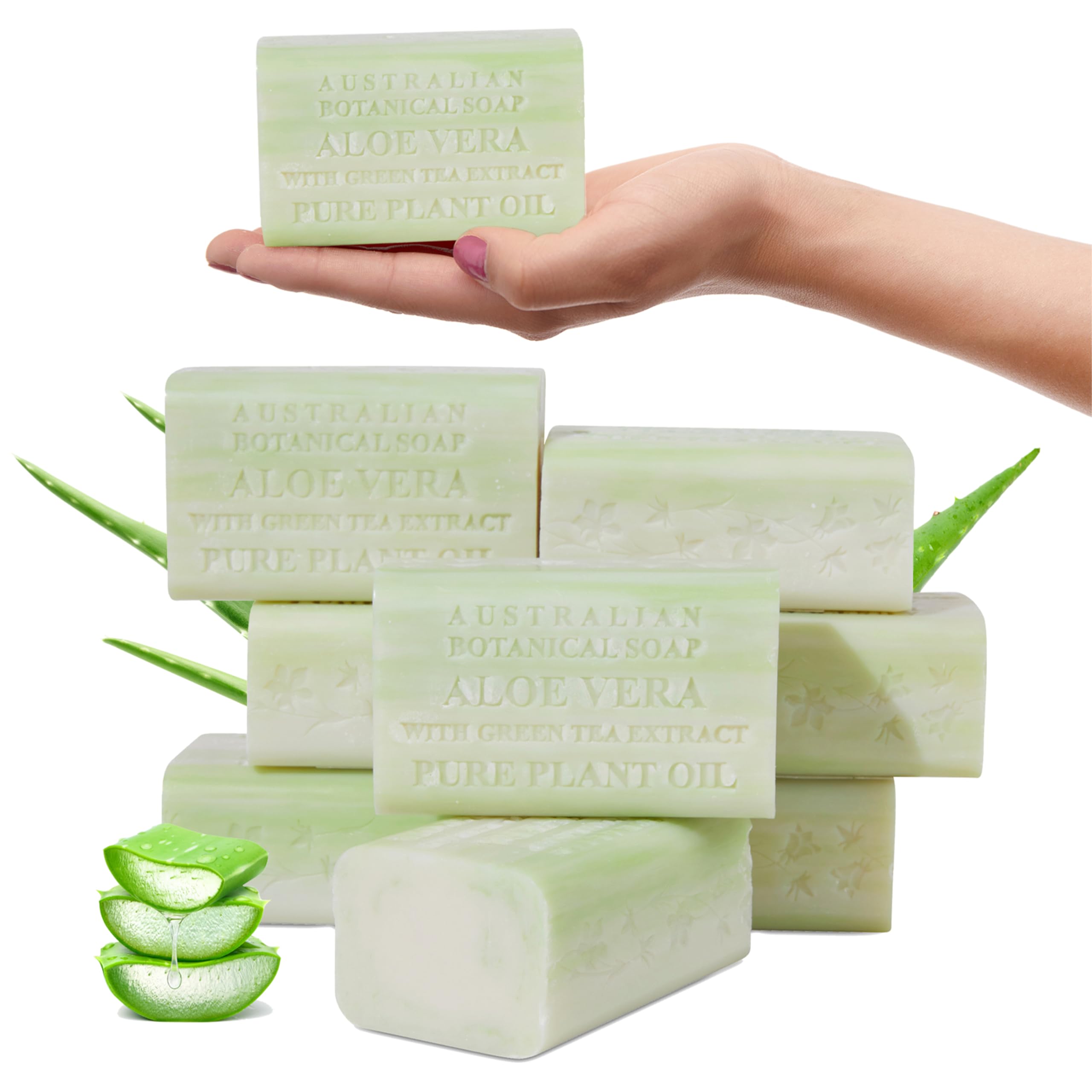 Australian Botanical Soap – Aloe Vera & Green Tea, 6.6 oz Triple Milled Bars (Pack of 8) | Enriched with Organic Shea Butter
