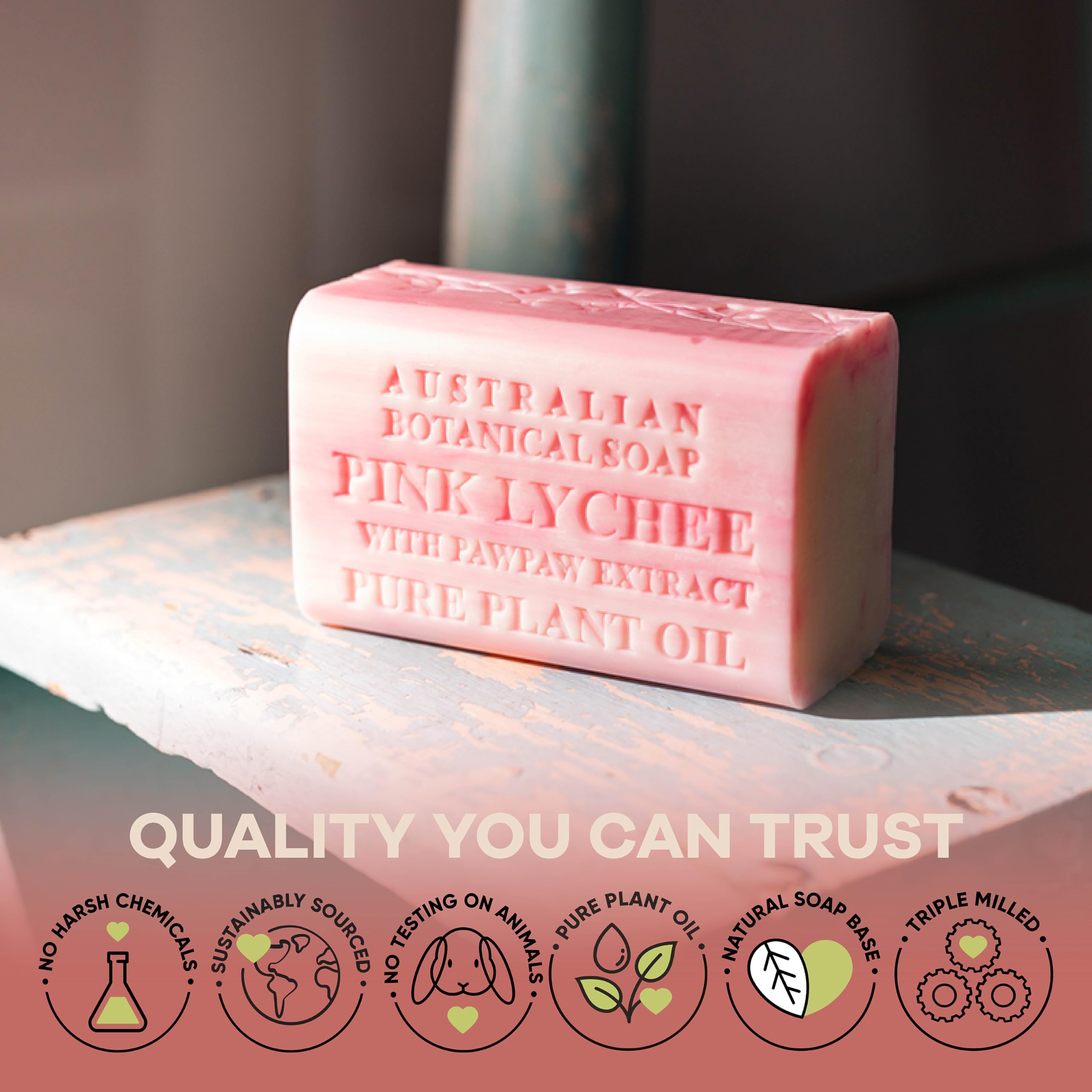 Australian Botanical Soap Pink Lychee with Pawpaw Extract, 6.6 oz Triple-Milled Bars – Pack of 8