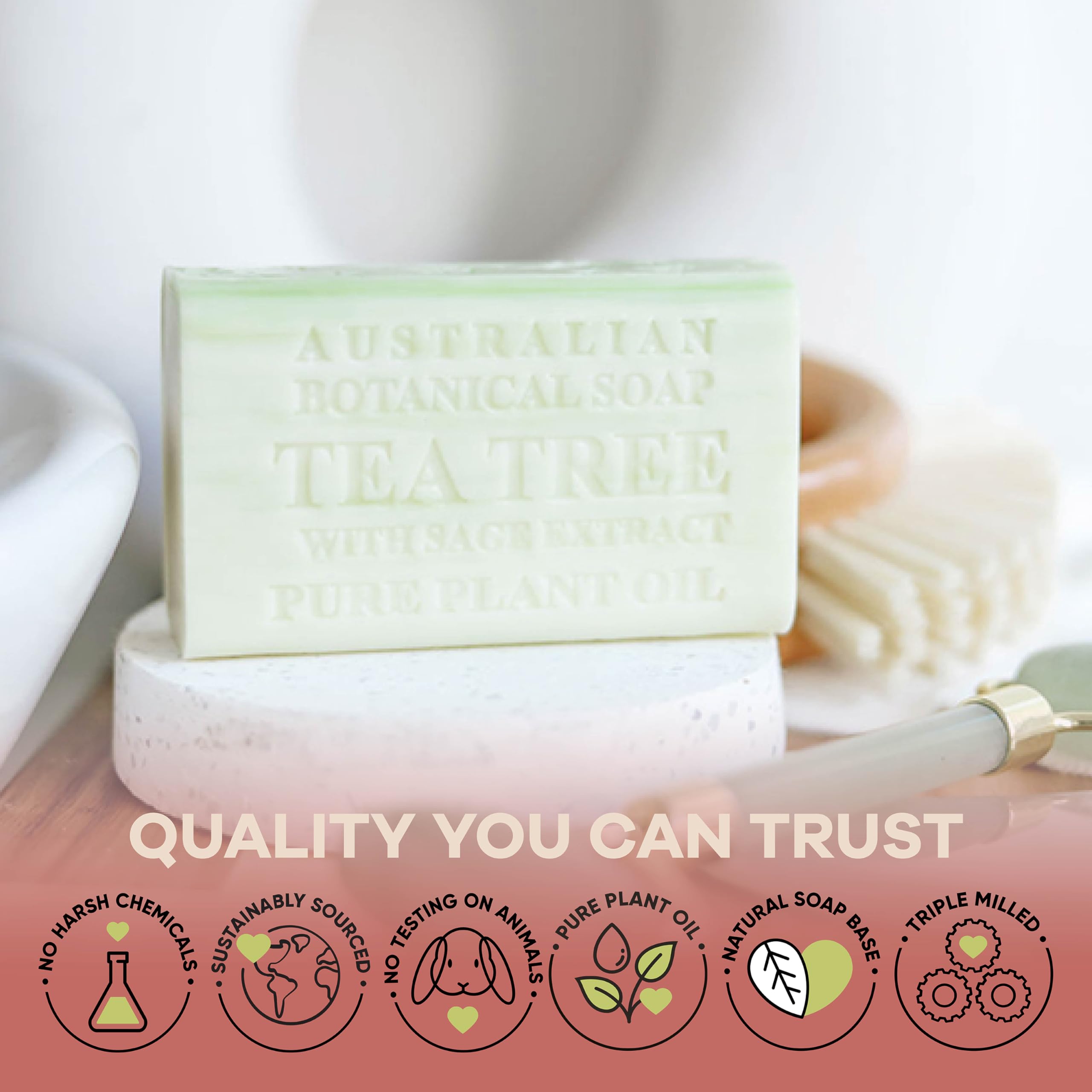 Australian Botanical Soap Tea Tree with Sage Extract – 6.6 oz Triple-Milled Bar, Pack of 8
