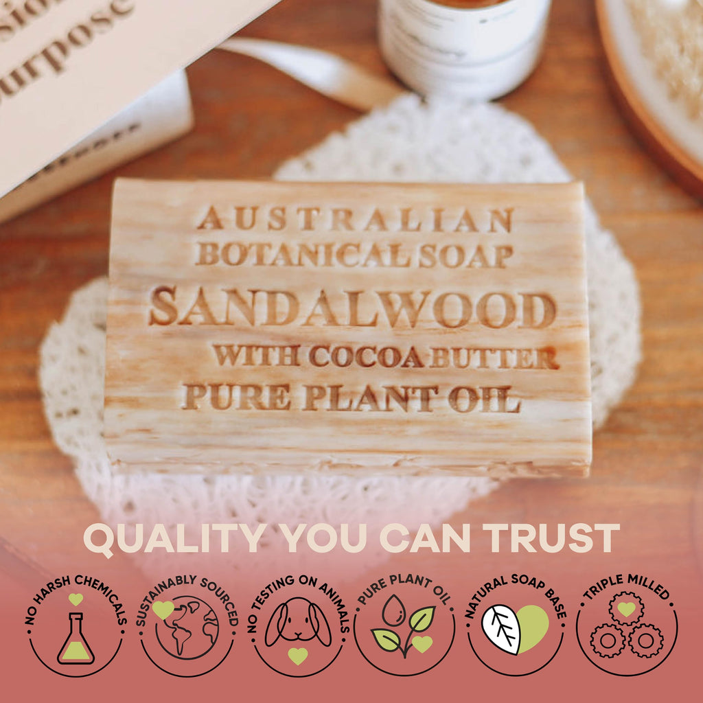 Australian Botanical Soap: Sandalwood & Cocoa Butter Triple-Milled Bars (6.6 oz) Pack of 8