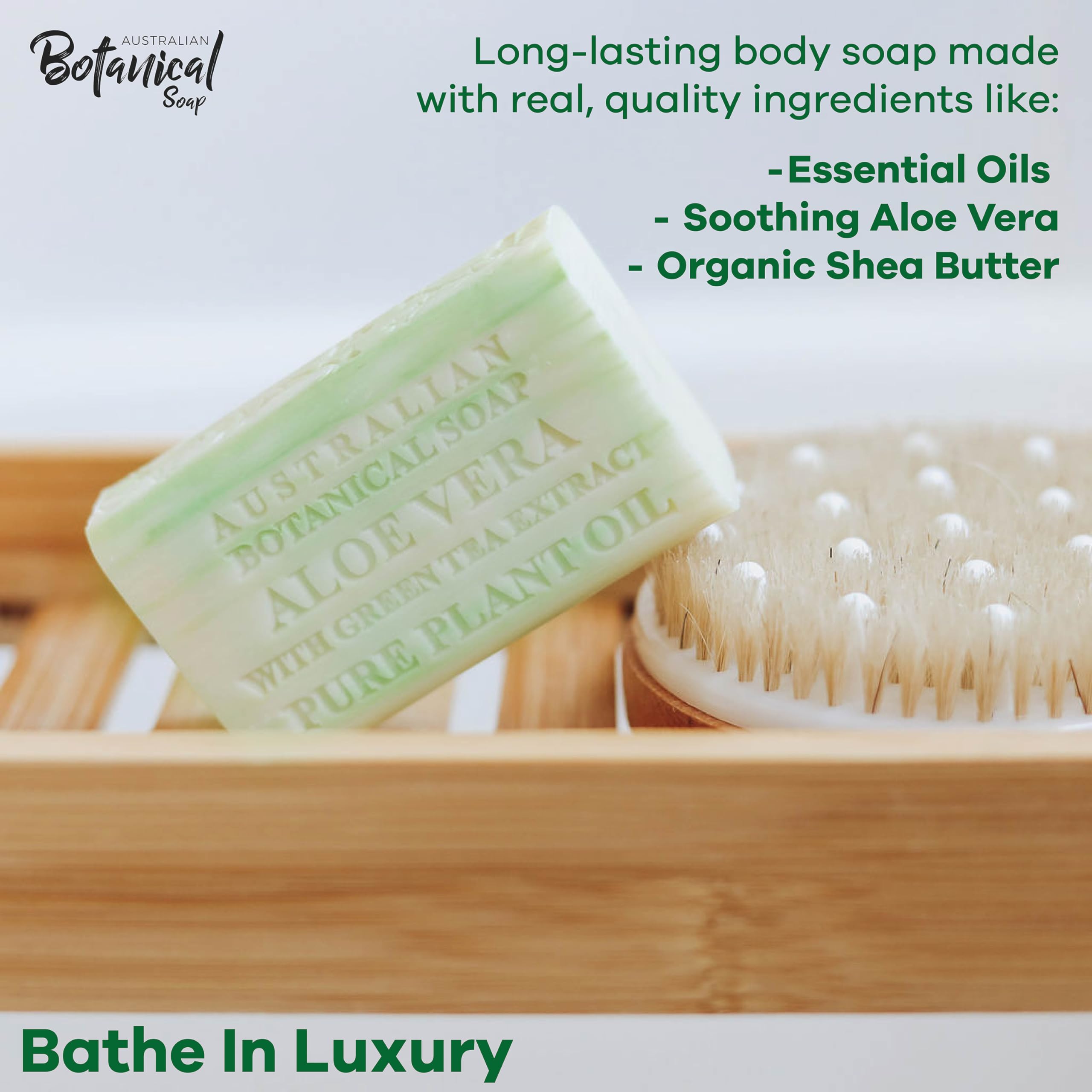 Australian Botanical Soap – Aloe Vera & Green Tea, 6.6 oz Triple Milled Bars (Pack of 8) | Enriched with Organic Shea Butter