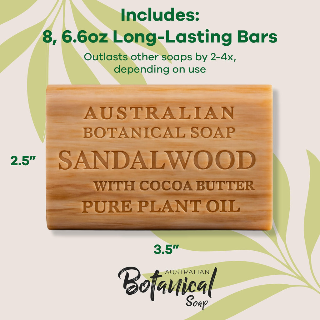 Australian Botanical Soap: Sandalwood & Cocoa Butter Triple-Milled Bars (6.6 oz) Pack of 8