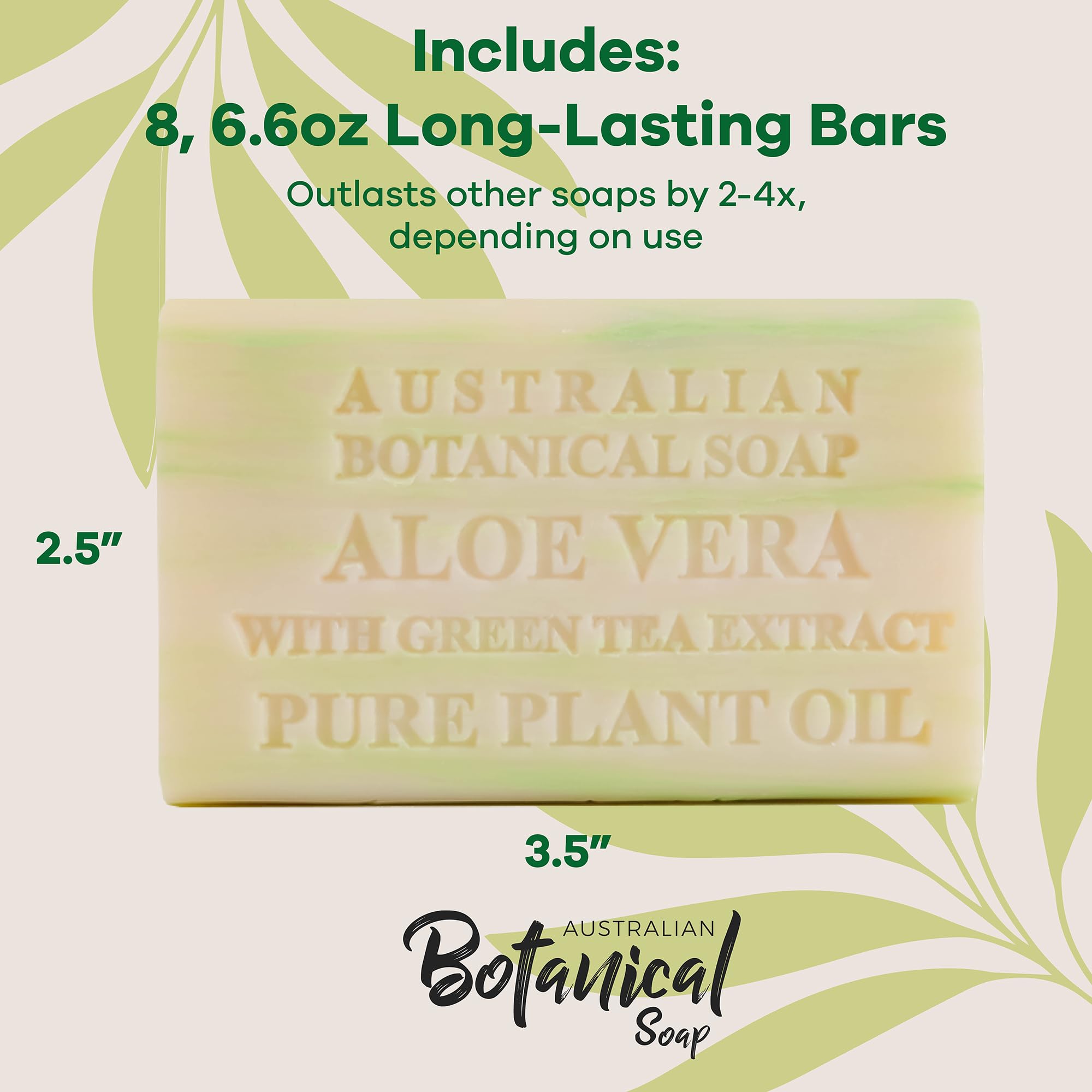 Australian Botanical Soap – Aloe Vera & Green Tea, 6.6 oz Triple Milled Bars (Pack of 8) | Enriched with Organic Shea Butter