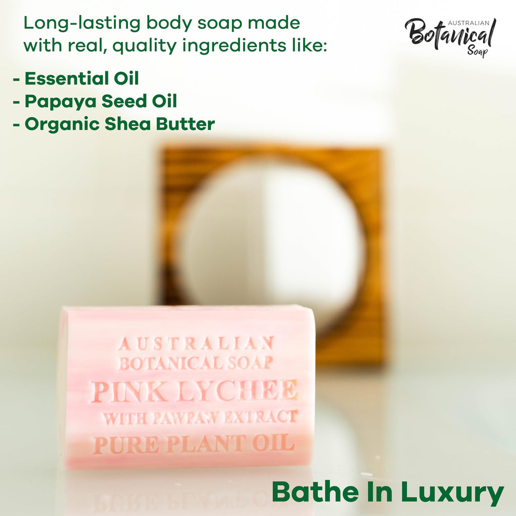 Australian Botanical Soap Pink Lychee with Pawpaw Extract, 6.6 oz Triple-Milled Bars – Pack of 8