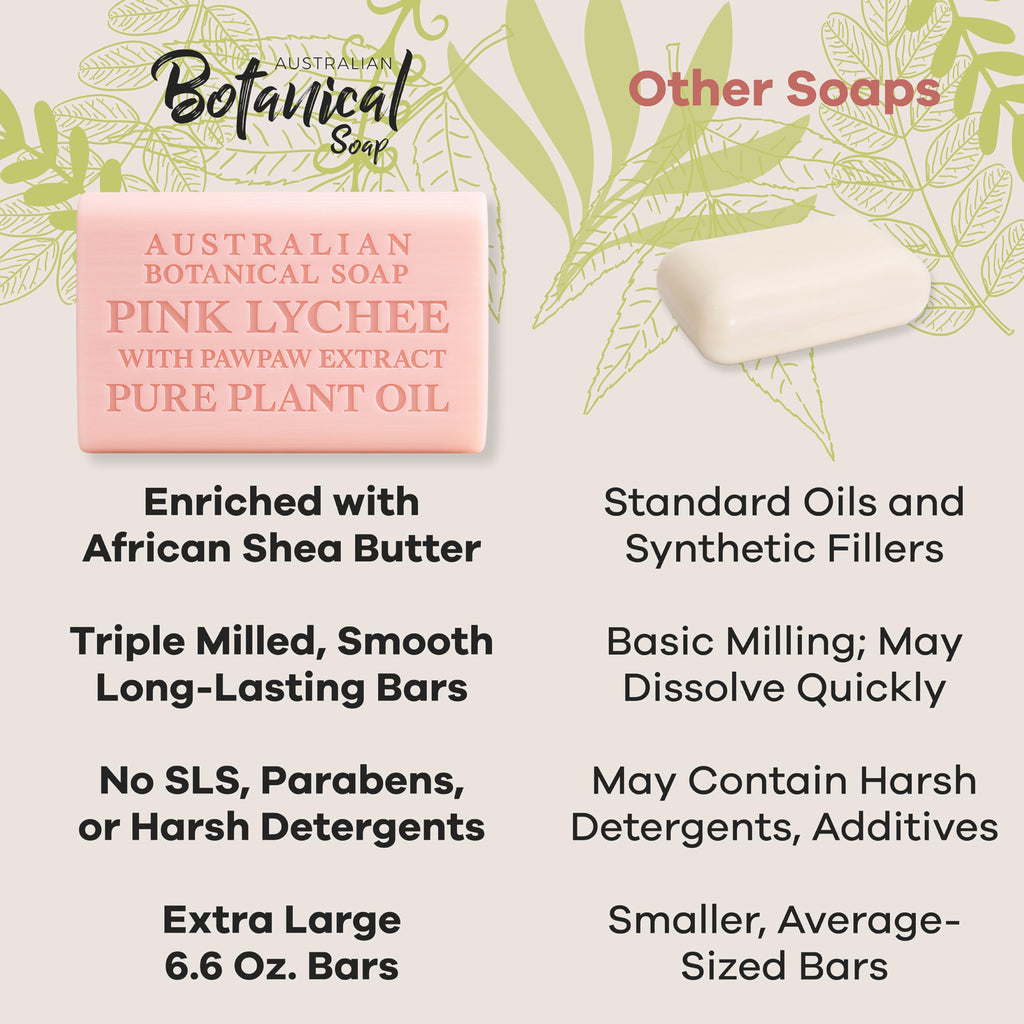 Australian Botanical Soap Pink Lychee with Pawpaw Extract, 6.6 oz Triple-Milled Bars – Pack of 8