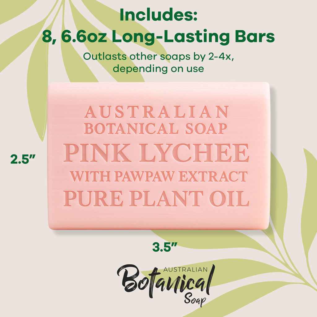 Australian Botanical Soap Pink Lychee with Pawpaw Extract, 6.6 oz Triple-Milled Bars – Pack of 8