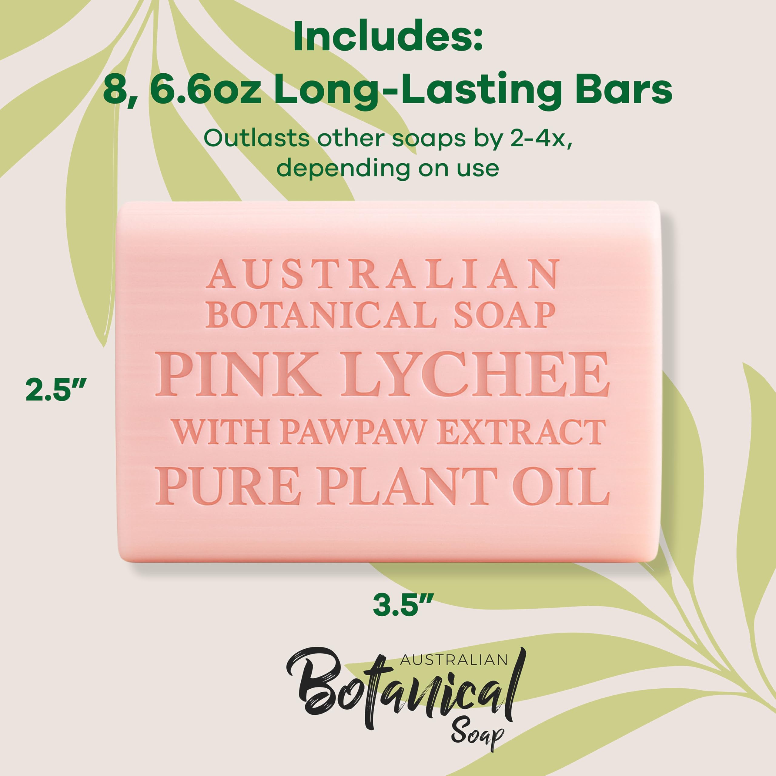 Australian Botanical Soap Pink Lychee with Pawpaw Extract, 6.6 oz Triple-Milled Bars – Pack of 8