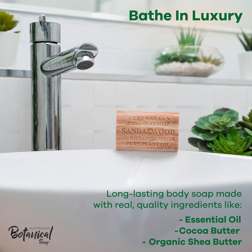 Australian Botanical Soap: Sandalwood & Cocoa Butter Triple-Milled Bars (6.6 oz) Pack of 8