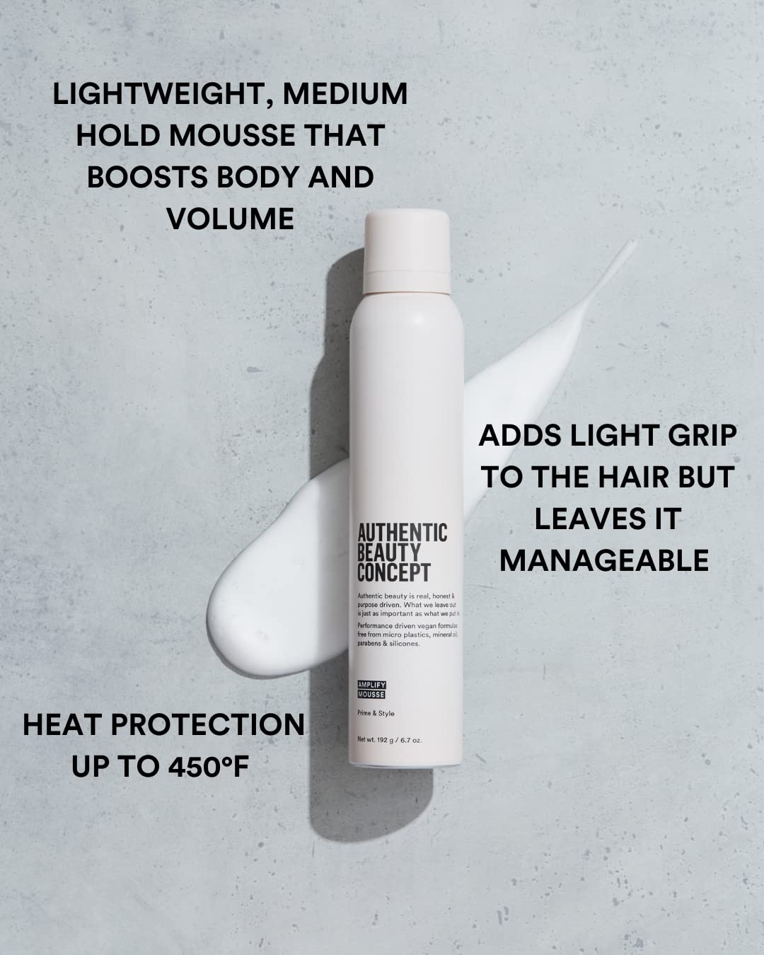 Authentic Beauty Concept Amplify Mousse – Lightweight Volumizing Mousse with Heat Protection, All Hair Types, Vegan & Silicone-Free | 6.7 oz