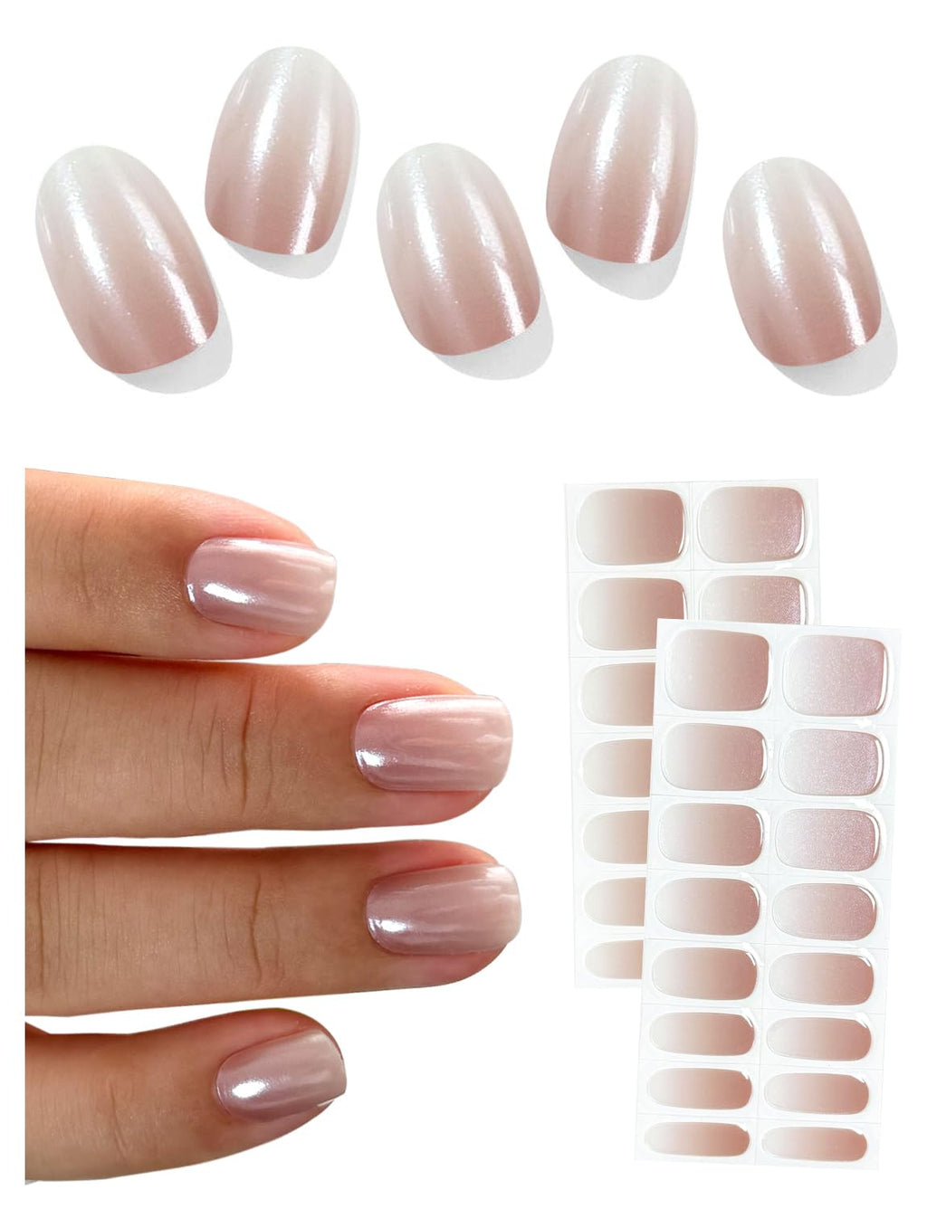 AutyaMee Semi Cured Gel Nail Strips – Chrome Ombre Beige, Pearl Glazed, 30 Pcs