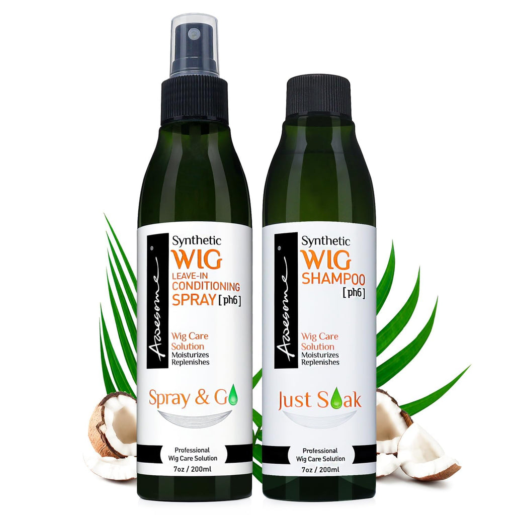 Awesome Synthetic Wig Shampoo & Leave-In Conditioner Spray – pH 6, 2-Pack (7 fl oz each) with Coconut Oil