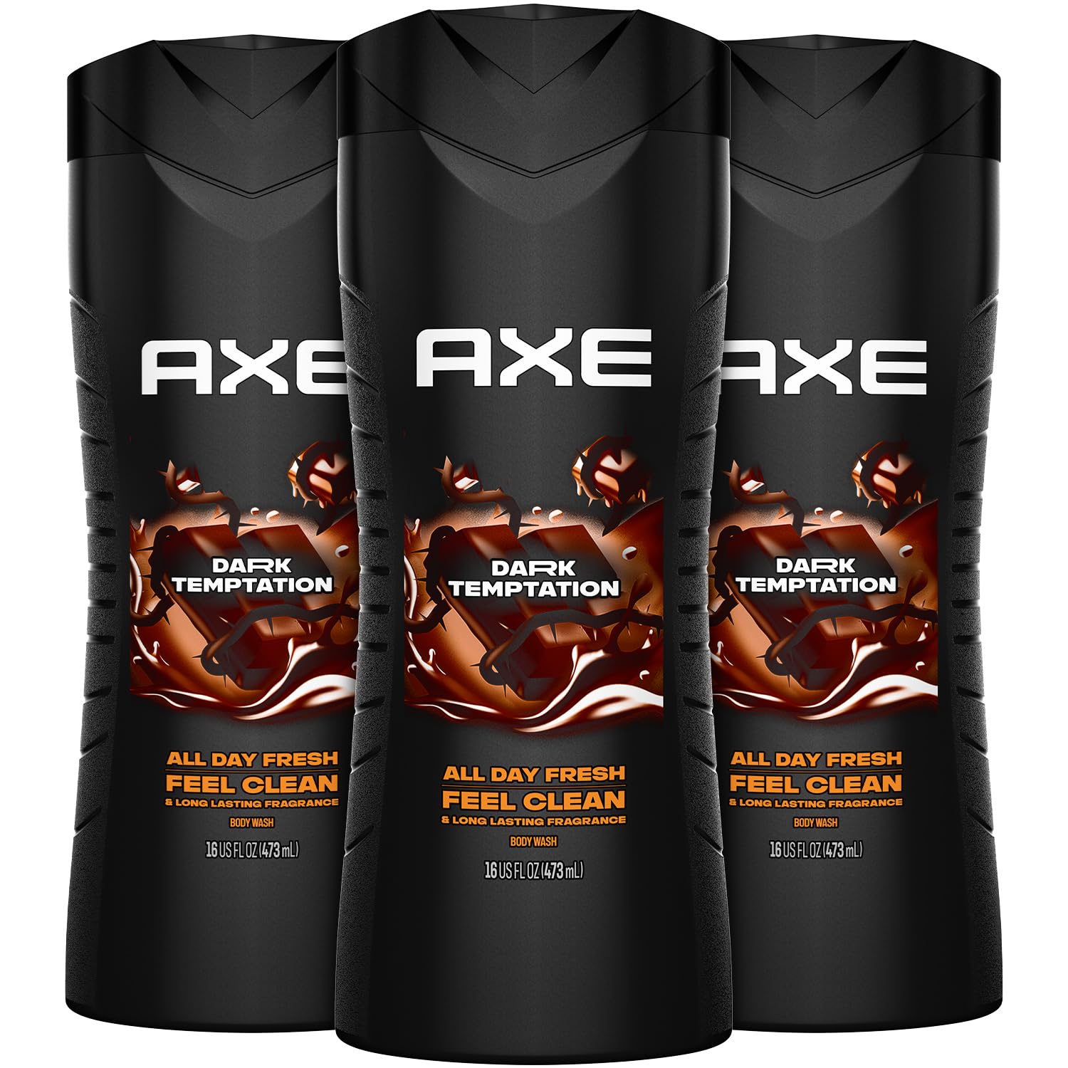 AXE Dark Temptation Body Wash 3-Pack – 12-Hour Fresh Chocolate Scent, 16 oz Each