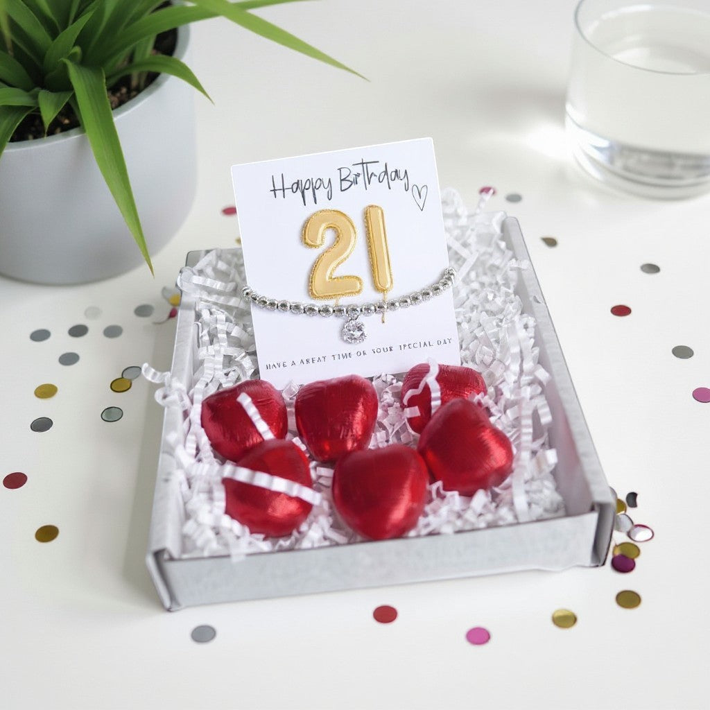 21st Birthday Cubic Zirconia Silver Bracelet & Gold Balloon Hamper