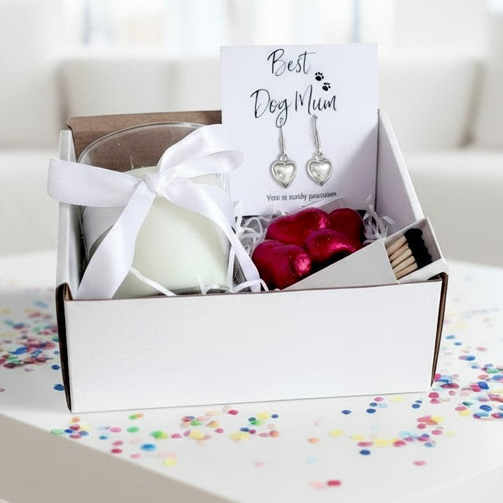 Small Best Dog Mum Gift Hamper Heart Earrings Chocolates & Candle