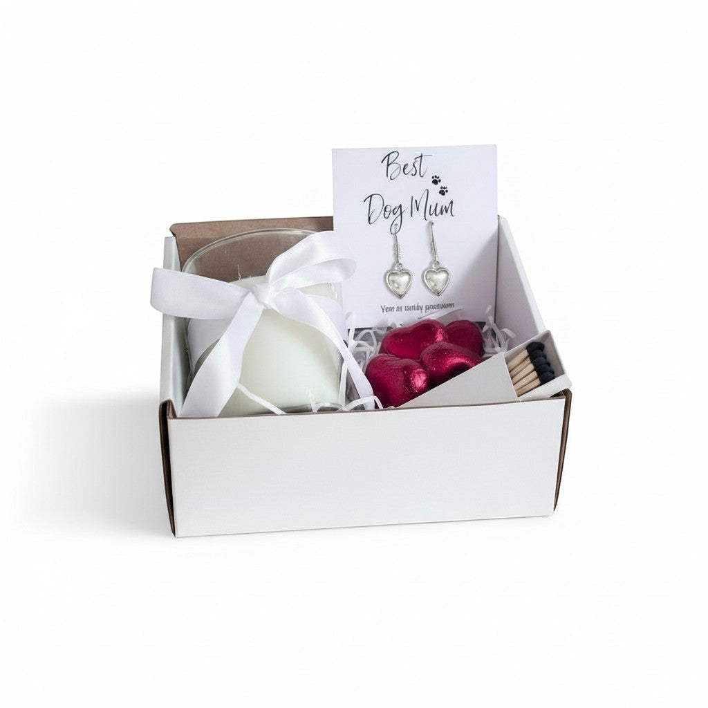 Small Best Dog Mum Gift Hamper Heart Earrings Chocolates & Candle