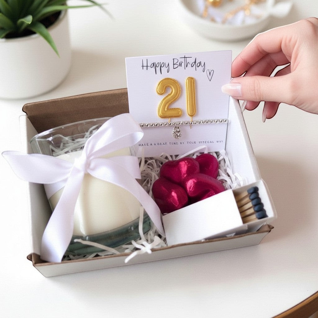 Small 21st Birthday Gold Balloons Hamper | Candle, Bracelet, Chocolate