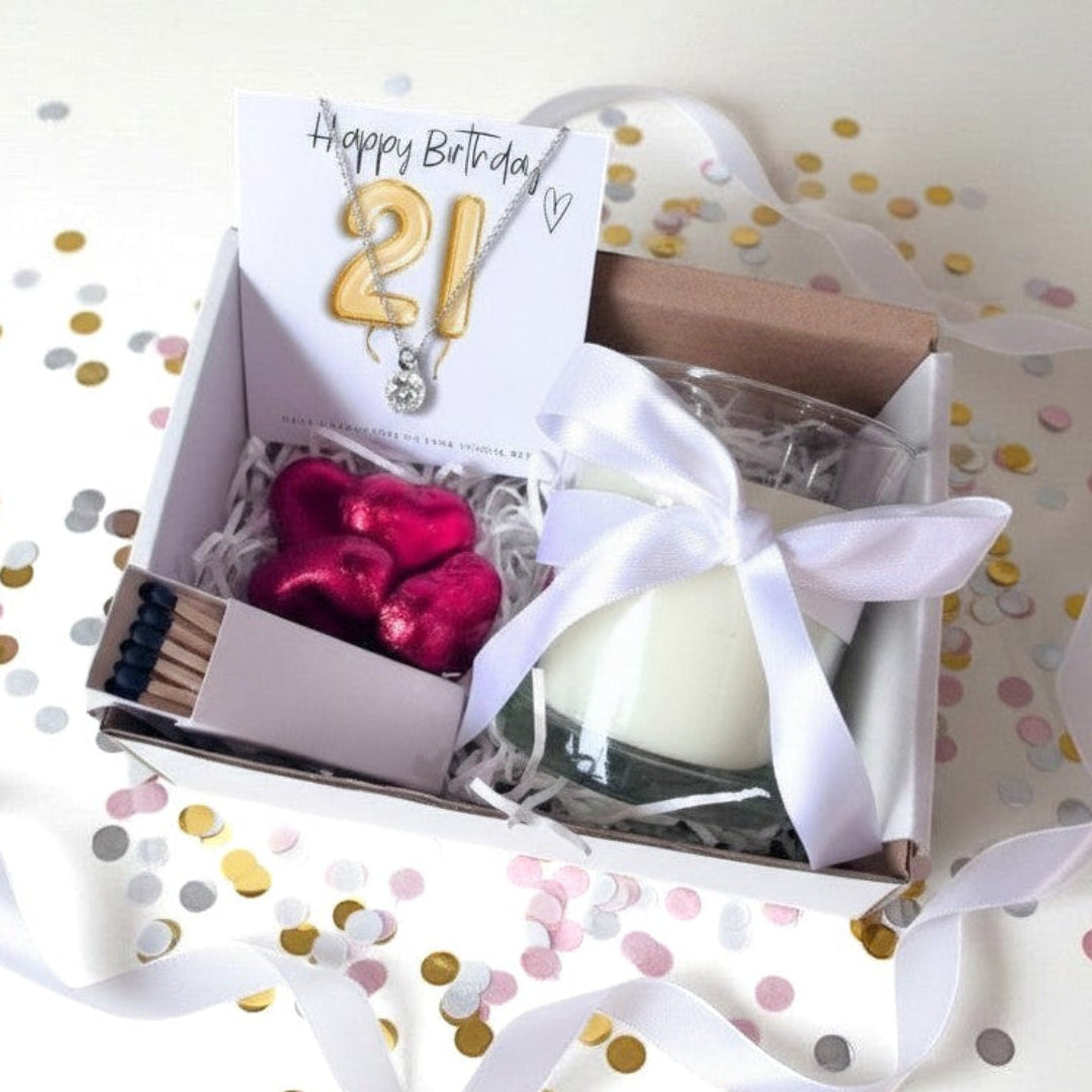 Small 21st Birthday Gold Balloon Hamper | Candle, Necklace, Chocolates