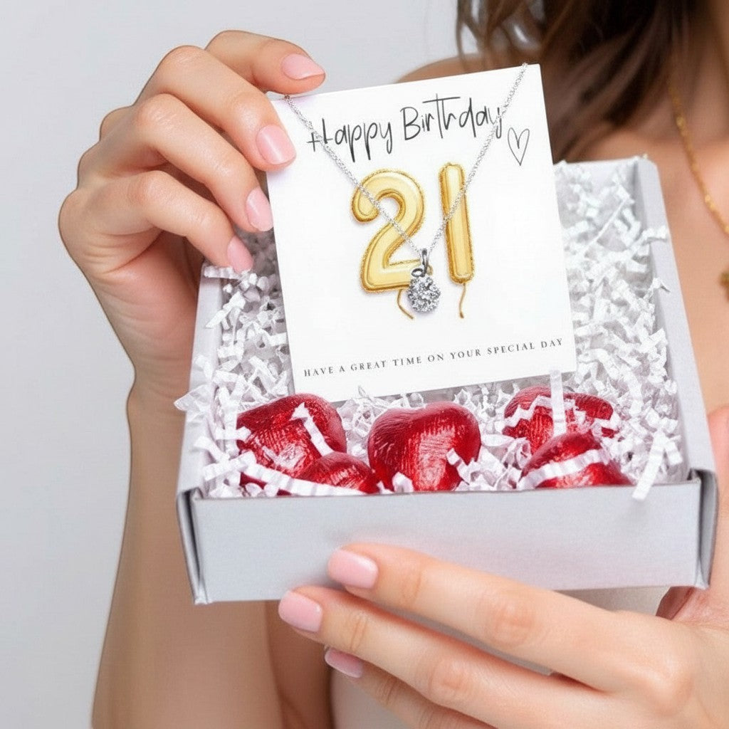 21st Birthday Cubic Zirconia Necklace & Gold Balloons Mini Hamper