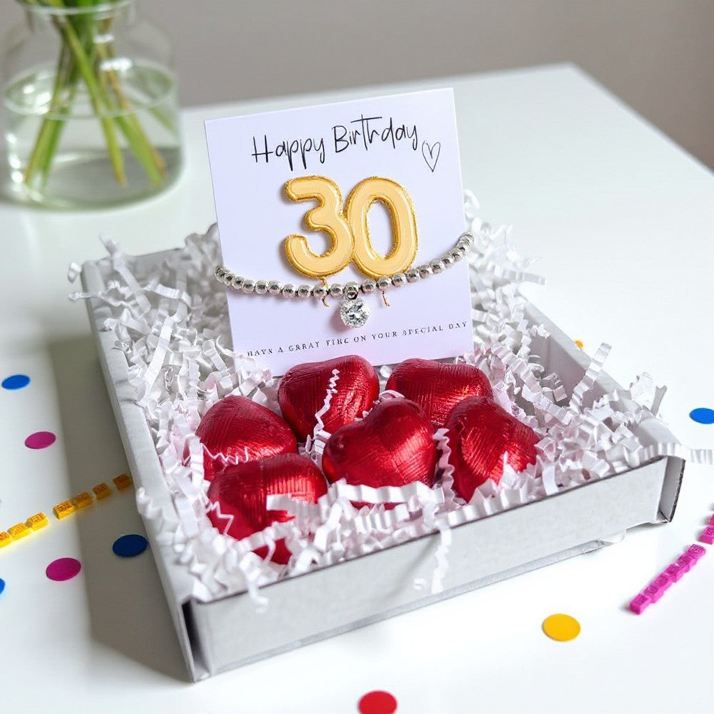 30th Birthday Cubic Zirconia Silver Bracelet & Gold Balloon Hamper