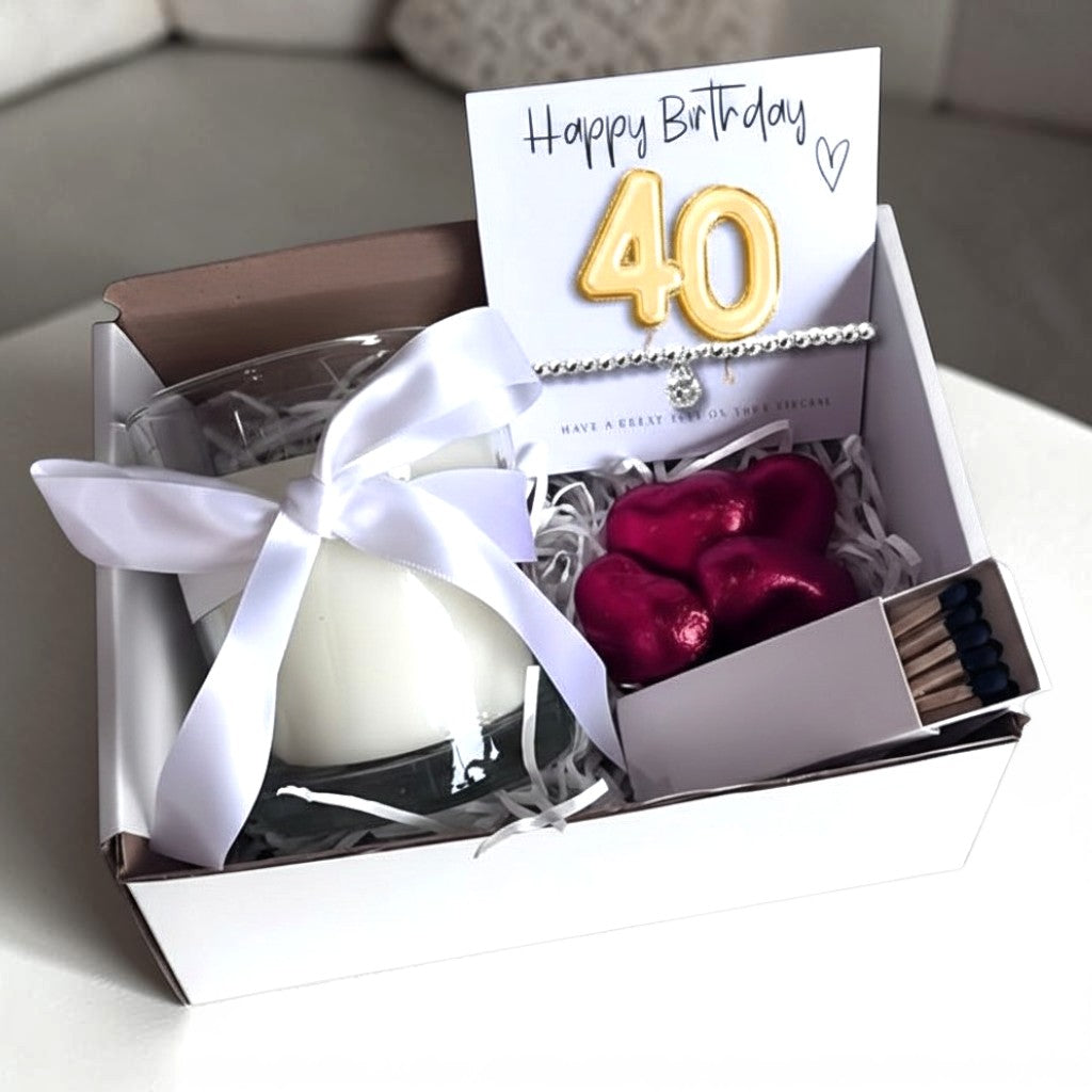 Small 40th Birthday Gold Balloon Gift Hamper Candle Bracelet Chocolates