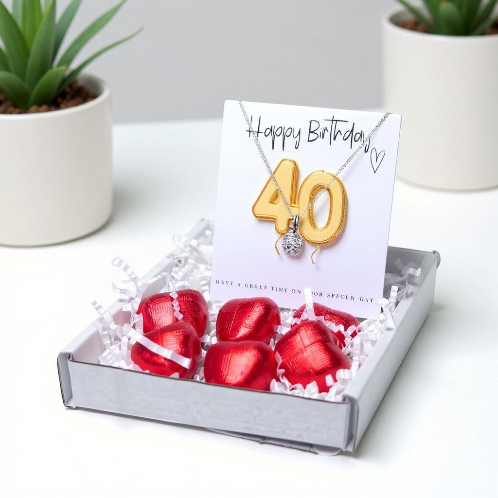 40th Birthday Cubic Zirconia Silver Necklace & Gold Balloons Mini Gift Hamper