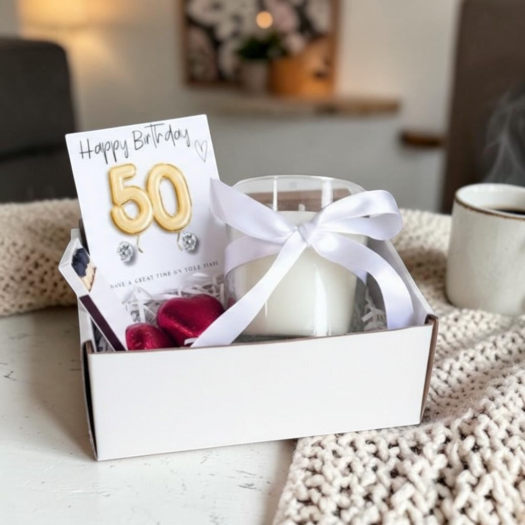 Small 50th Birthday Gold Balloon Hamper | Candle, Earrings, Chocolates
