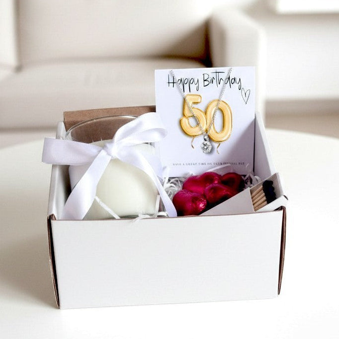 Small 50th Birthday Gold Balloon Hamper | Candle, Necklace, Chocolates