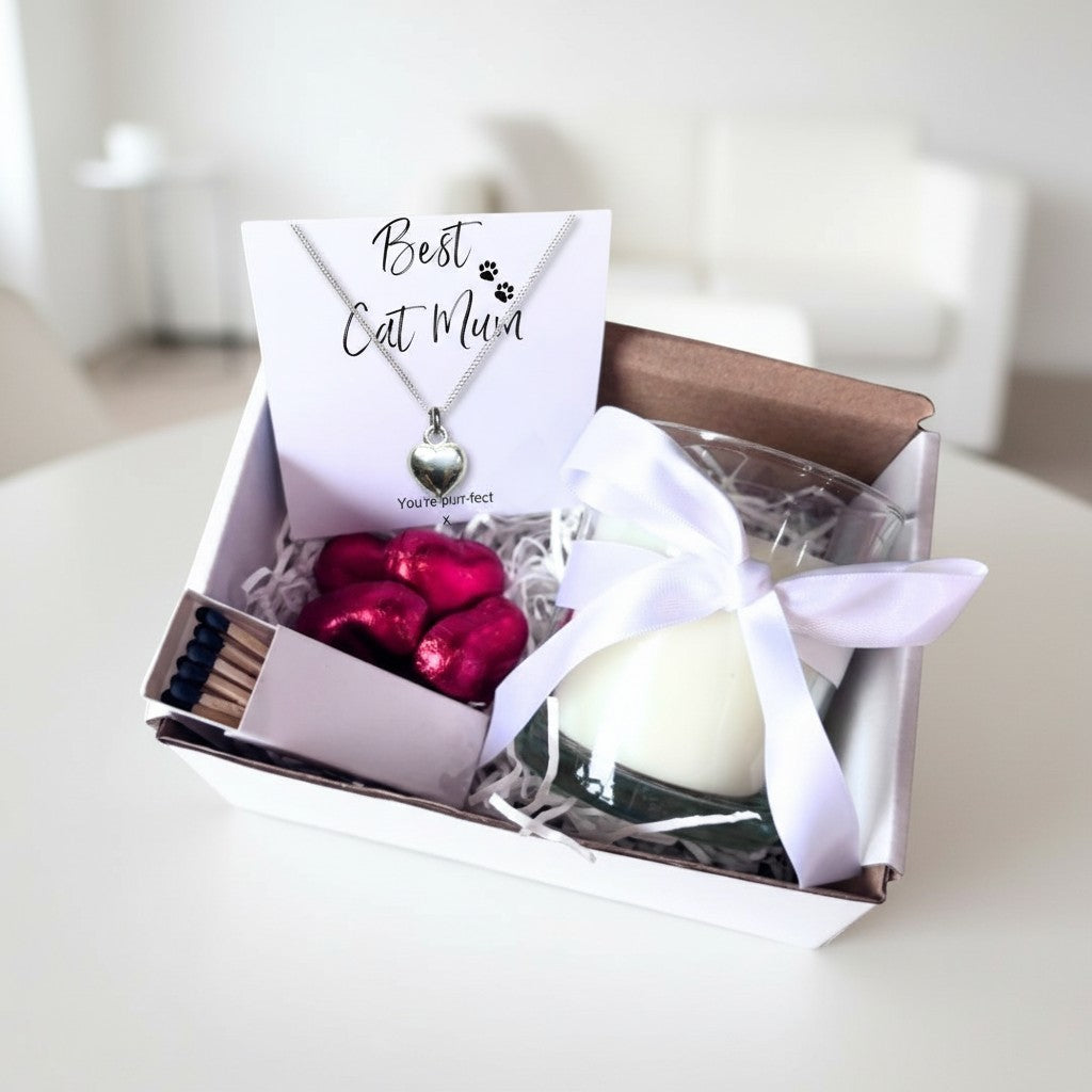 Small Best Cat Mum Gift Hamper Necklace Chocs & Candle