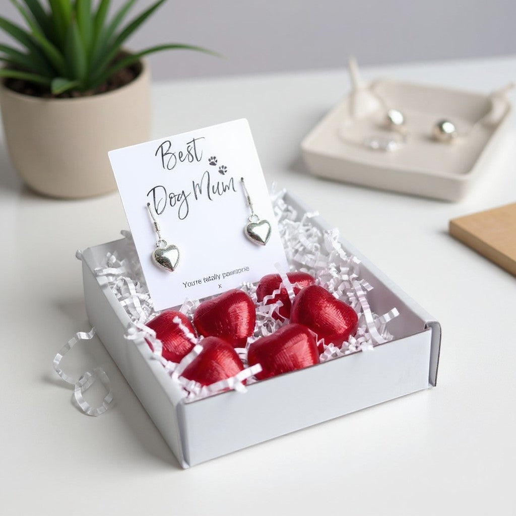 Best Dog Mum Mini Gift Hamper Silver Heart Earrings