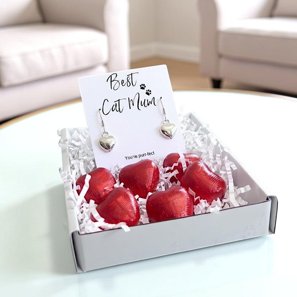 Best Cat Mum Mini Gift Hamper with Silver Heart Earrings