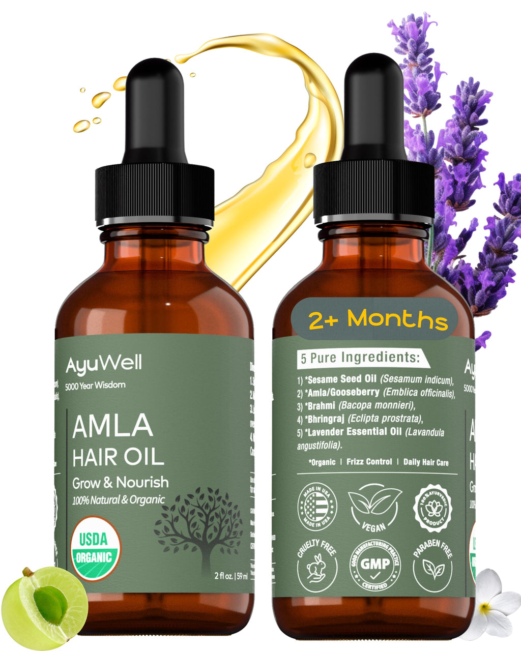Ayuwell Ayurvedic Hair Oil — USDA Organic Amla Blend for All Hair Types, 2 oz
