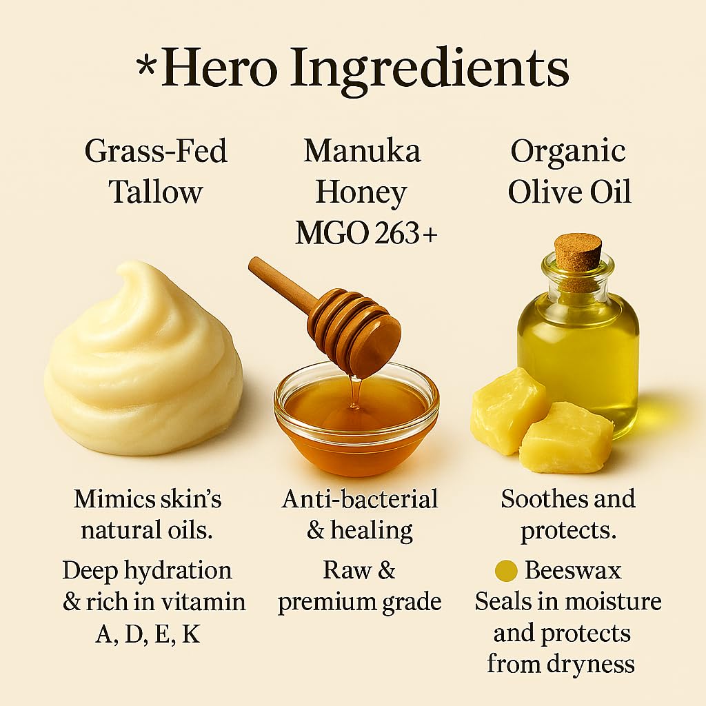 Azmera Beauty Beef Tallow Balm with Manuka Honey & Beeswax – Lavender, 2oz