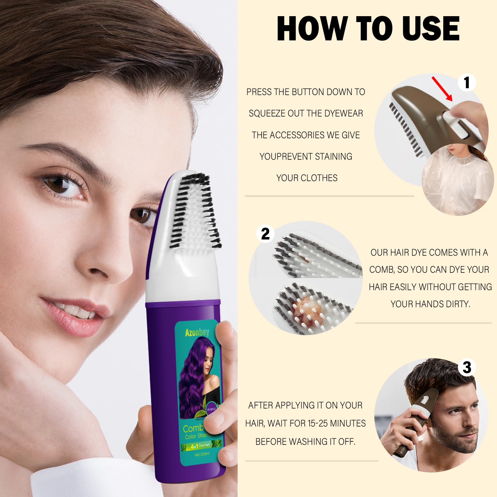 Azonbey Purple Hair Dye Shampoo – 4-in-1 Semi-Permanent Color for Gray Coverage with Natural Ingredients