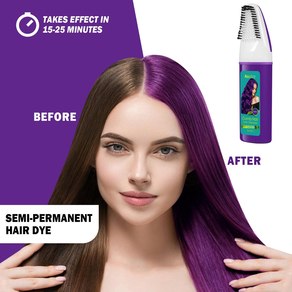 Azonbey Purple Hair Dye Shampoo – 4-in-1 Semi-Permanent Color for Gray Coverage with Natural Ingredients