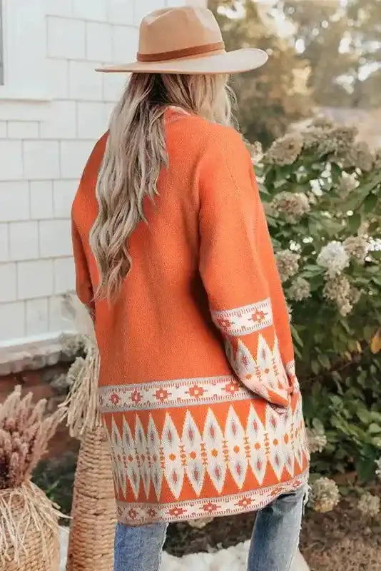 Aztec Open Front Longline Knit Cardigan Women UK