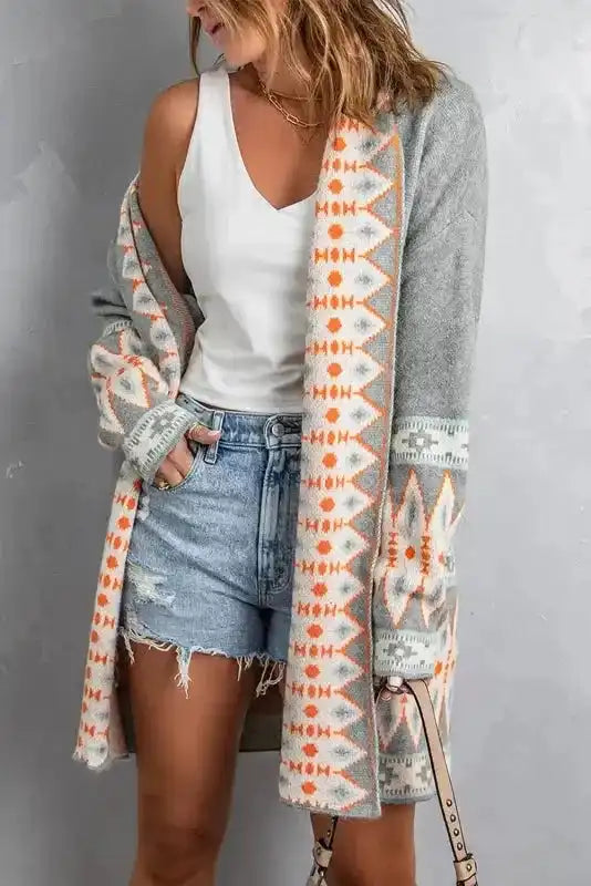 Aztec Open Front Longline Knit Cardigan Women UK