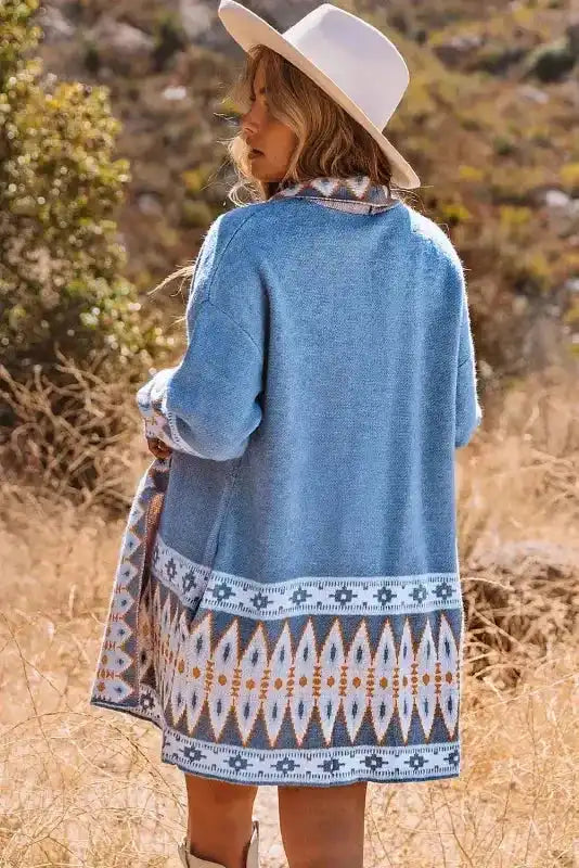 Aztec Open Front Longline Knit Cardigan Women UK