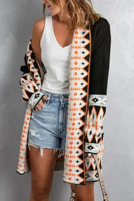 Aztec Open Front Longline Knit Cardigan Women UK