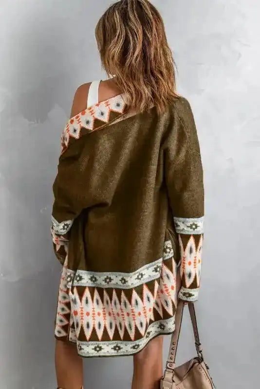 Aztec Open Front Longline Knit Cardigan Women UK