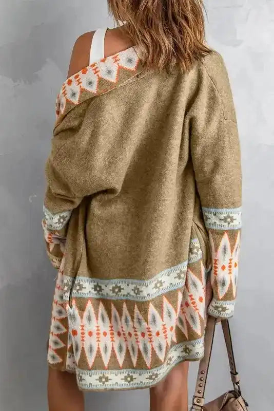 Aztec Open Front Longline Knit Cardigan Women UK