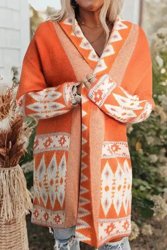 Aztec Open Front Longline Knit Cardigan Women UK